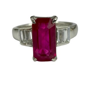 Estate 2.45 ct GIA Emerald Cut Burma Ruby & 0.38 ctw Baguette Diamonds Platinum