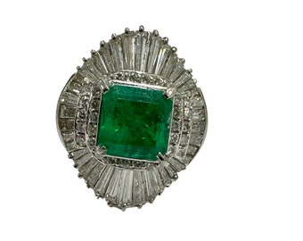 Estate GIA Certified Colombian Emerald Baguette Diamond Ballerina Ring Platinum