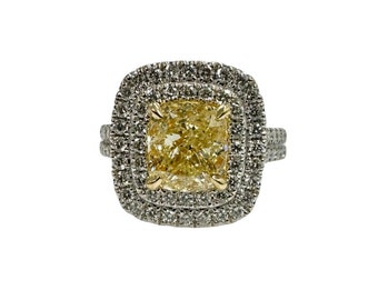 Anillo de oro de 18 k con doble halo de diamantes amarillos claros YZ naturales de 2,03 ct y certificado por GIA