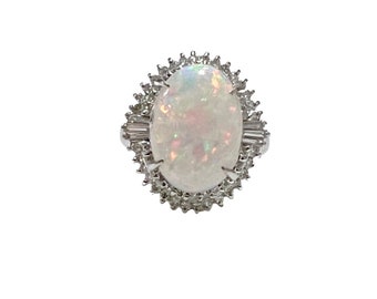 Nachlass 3.84 ctw natürlicher australischer Feuer-weißer Opal Diamant Cocktail Ballerina Ring Platin Vintage