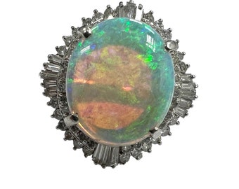Nachlass 5.23 ctw Natürlicher australischer Feueropal Diamant Cocktail Ballerina Ring Platin Vintage