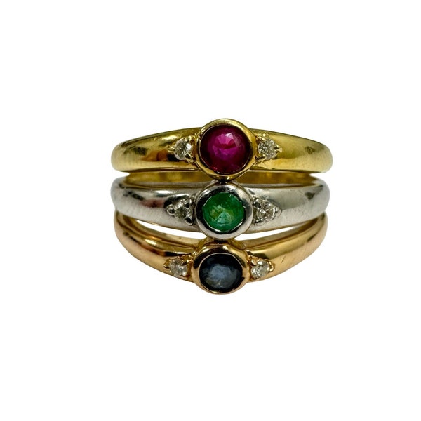 Estate 18k Tricolor Gold Platinum Diamond Ruby Sapphire Emerald Vintage Band Ring Multi Row