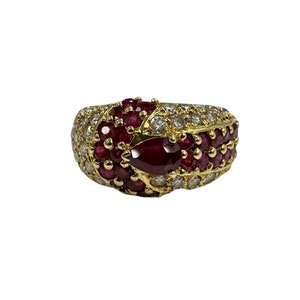 Estate 3 ctw Natural VS Diamonds & Ruby Dome Cluster 18k Yellow Gold Ring Vintage