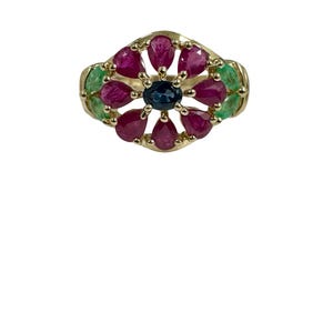 Estate 14k Yellow Gold 2 ctw Ruby Sapphire Emerald Cocktail Ring Vintage