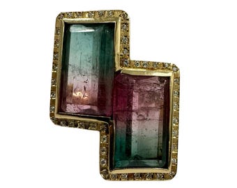 Estate 20 carats Watermelon Tourmaline & Diamond Double Bypass Ring 18k Yellow Gold
