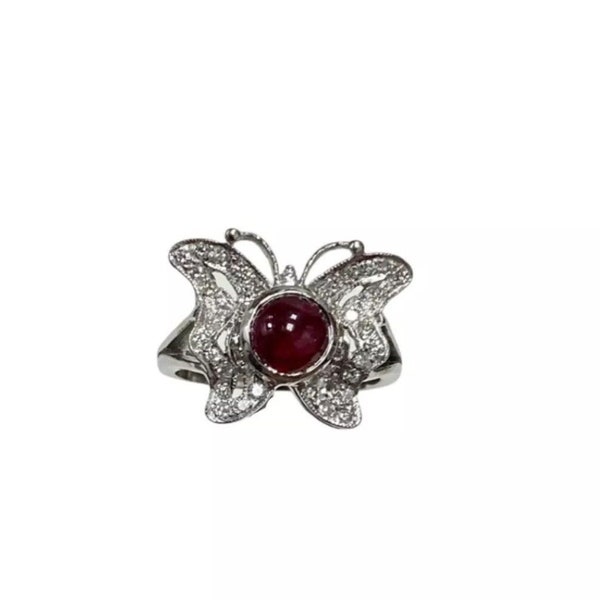 1.50 ctw Genuine Diamonds & Cabochon Ruby Butterfly Cocktail Ring 18k White Gold