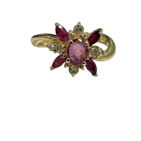 Estate 2/3 ctw Oval/Marquise Ruby & Diamond Halo Cocktail Baby Pinky Ring 18k Yellow Gold