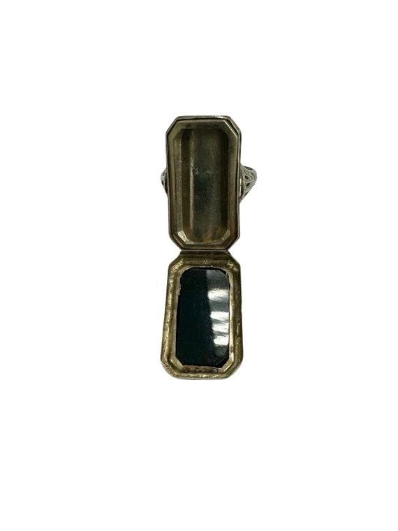 Antique Onyx Filigree Art Deco Poison Flip Ring 1… - image 5