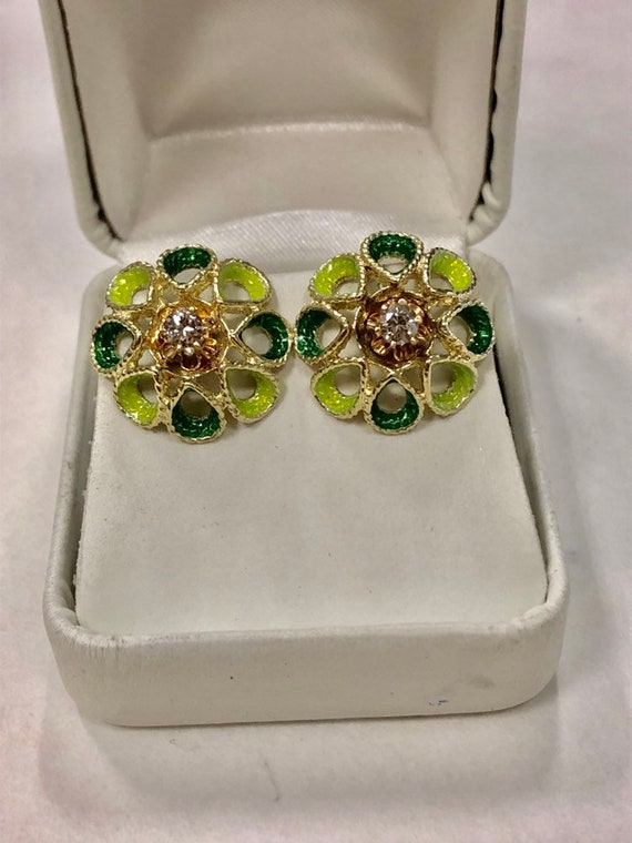 Estate 1/2 ctw Diamond Stud Earrings Enamel Floral