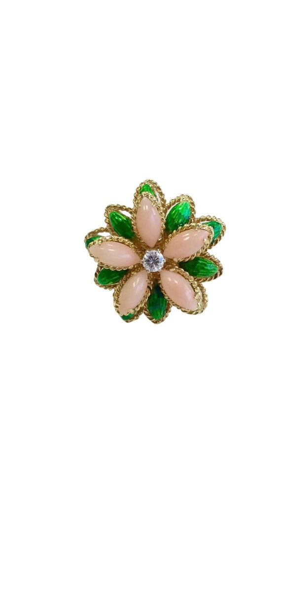 Estate Handmade Coral Enamel & Diamond Floral Clu… - image 1