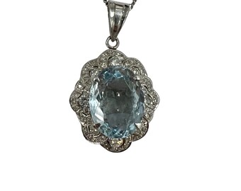 Estate Heavy Platinum 8.45 ctw Aquamarine & Diamond Halo Cocktail Pendant Vintage