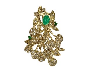2.10 ctw Natural Emerald Diamond Floral Cluster Brooch Vintage 14k Yellow Gold