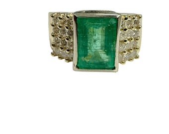 Estate 2.50 ctw Natural Emerald & Diamonds Cigar Band Ring 14k Yellow Gold Heavy Vintage