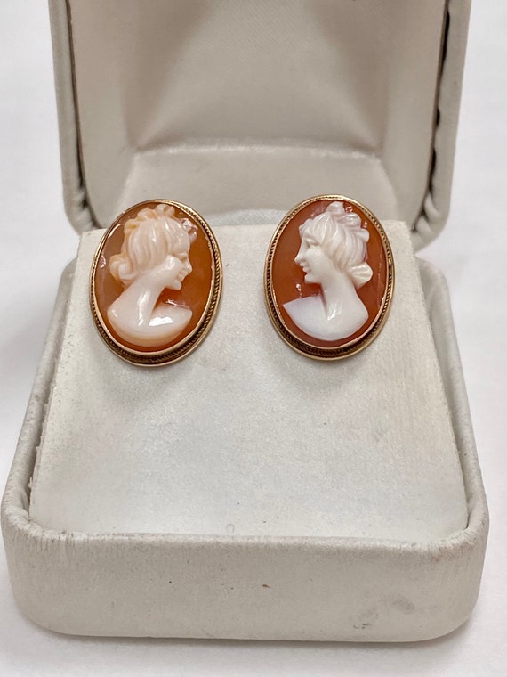 Peach Cameo Lady Solid 14k Yellow Gold Stud Earrin