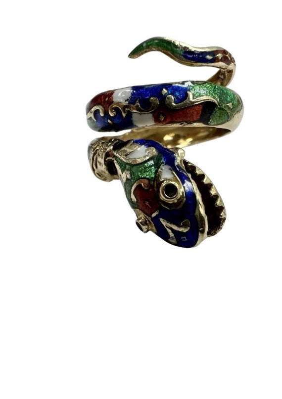 Estate 14k Yellow Gold Multicolor Enamel Serpent … - image 1