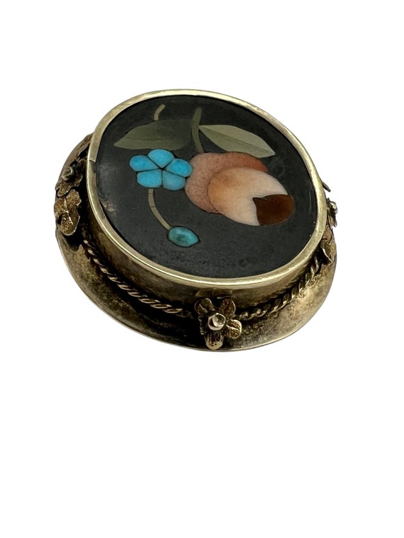 Estate Pietra Dura 14k Yellow Gold Mosaic Floral … - image 3