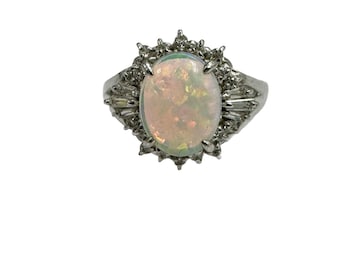 Nachlass 1.33 ctw Naturweißer Feueropal Diamant Cocktail Ballerina Ring Platin Vintage