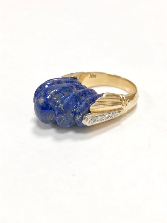 Estate 14k Yellow Gold Carved Lapis Lazuli & Diamond Elevating Cocktail Ring
