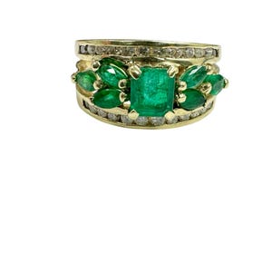 Vintage 1.50 ctw Marquise Emeralds & Diamonds Cluster Band Ring 14k Yellow Gold Estate