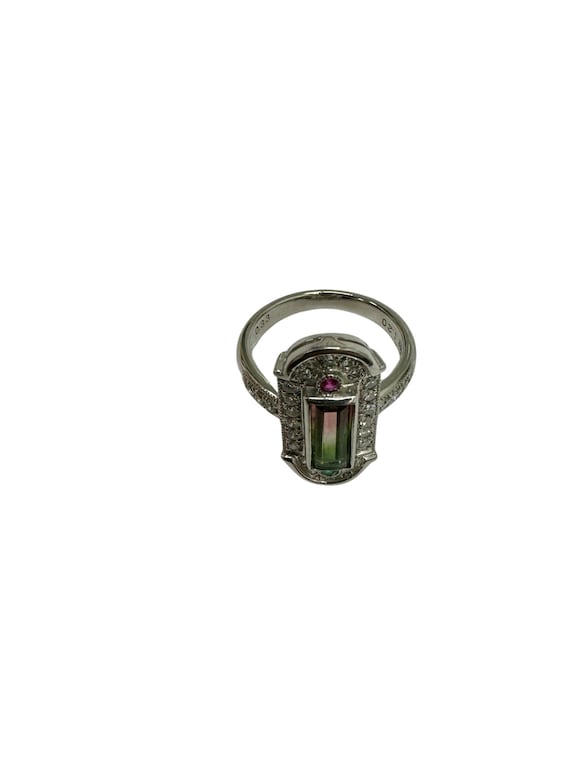 Estate Platinum Watermelon Tourmaline & Diamond 1… - image 2