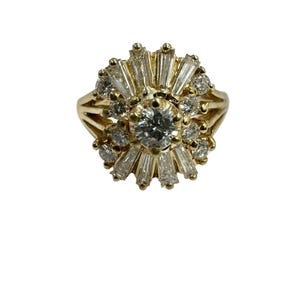 Estate 1.25 ctw Baguette/Round Diamond Ballerina Cocktail Ring 14k Yellow Gold Vintage