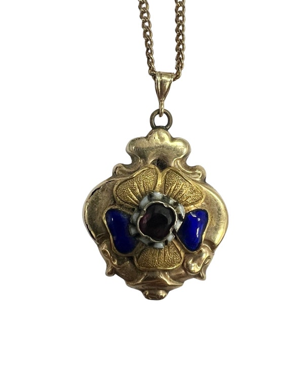 Antique 14k Yellow Gold Blue Enamel Garnet Clover 