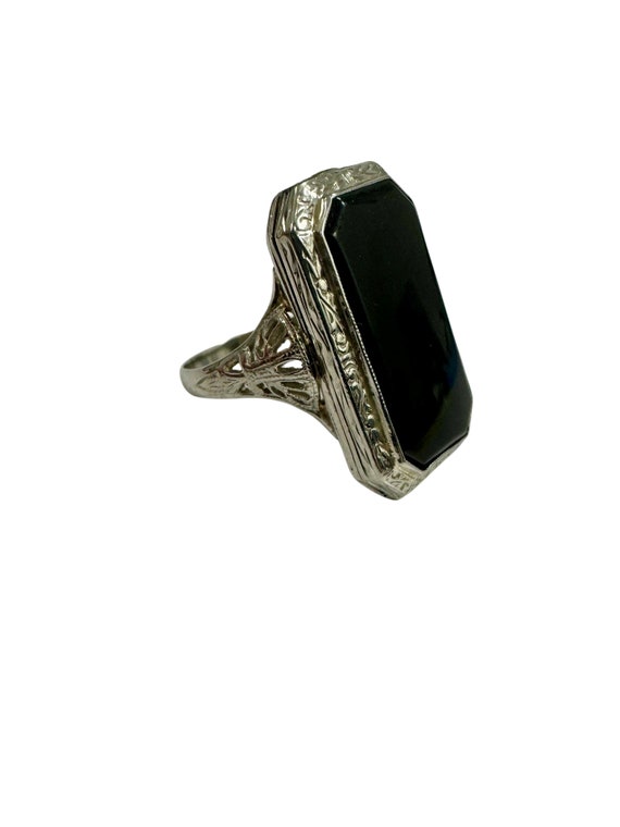 Antique Onyx Filigree Art Deco Poison Flip Ring 1… - image 2