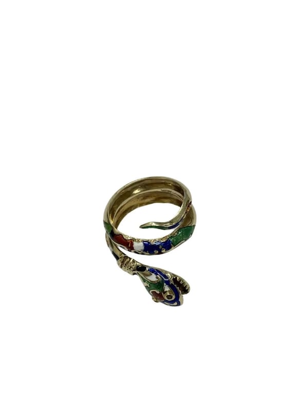 Estate 14k Yellow Gold Multicolor Enamel Serpent … - image 2