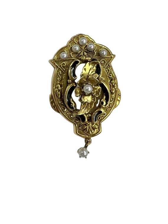 Victorian Antique Pearl Enamel Slider Pendant Bro… - image 1