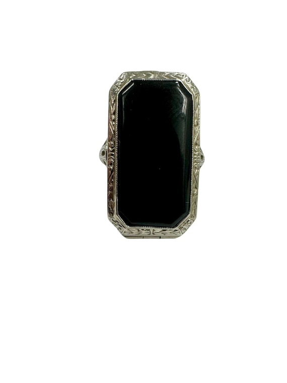 Antique Onyx Filigree Art Deco Poison Flip Ring 14