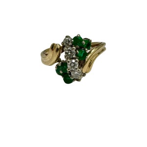 Vintage 1/2 ctw Emerald & Diamond Waterfall Cluster Ring 14k Yellow Gold Estate