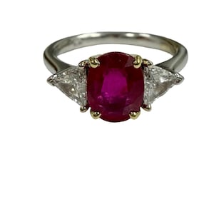 GIA 2.04 ct Unheated Mozambique Ruby & Trillion Diamonds Trilogy Ring 18k White Gold