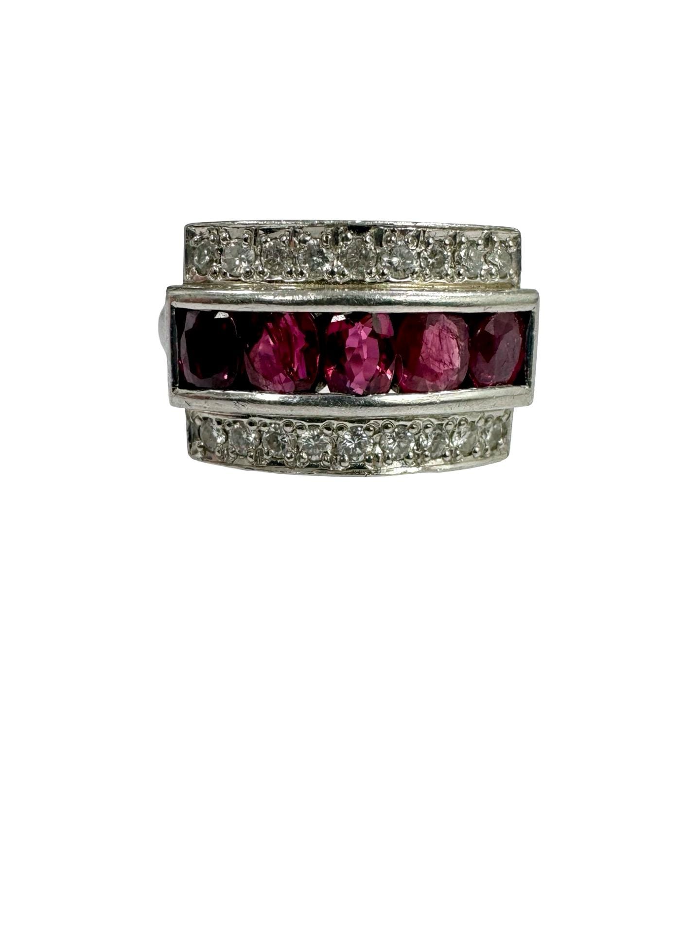 Estate Platinum 1.68 ctw Oval Rubies & Diamond Multi Row Band Ring Vintage