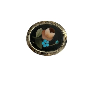 Estate Pietra Dura 14k Yellow Gold Mosaic Floral Pin Stone Inlay Vintage