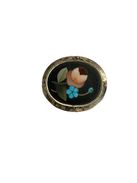 Estate Pietra Dura 14k Yellow Gold Mosaic Floral … - image 1