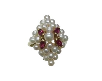 Vintage 1950s Pearl 1/2 ct Pigeon Blood Ruby Cluster Ring 14k Yellow Gold Estate