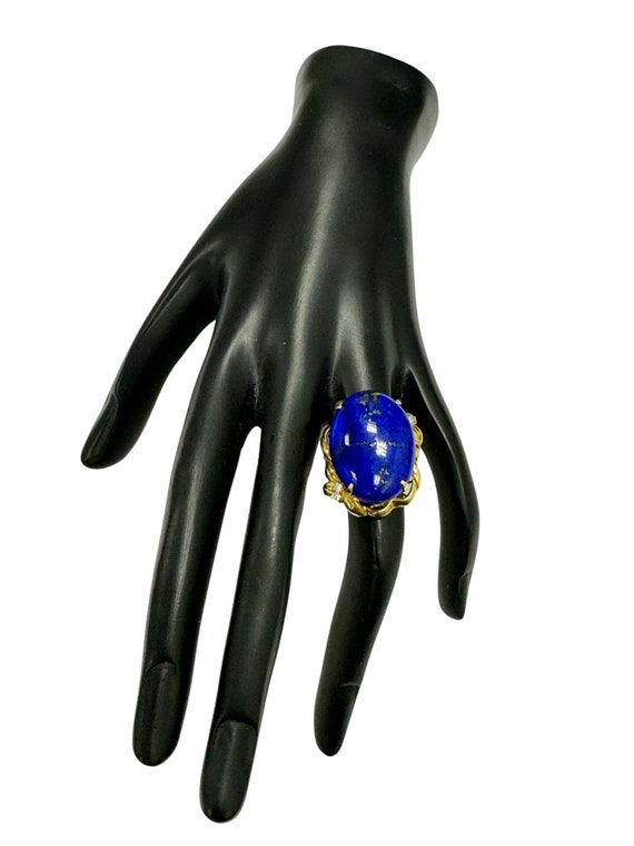 Vintage Cocktail Lapis Lazuli Solitaire Ring 18k … - image 6