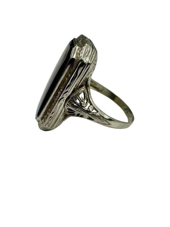 Antique Onyx Filigree Art Deco Poison Flip Ring 1… - image 3