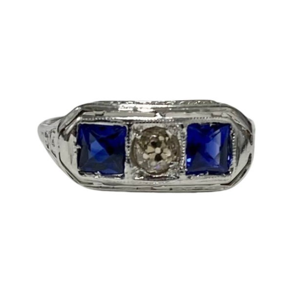 Old European Diamond French Sapphire Trilogy Ring 18k White Gold Art Deco Antique