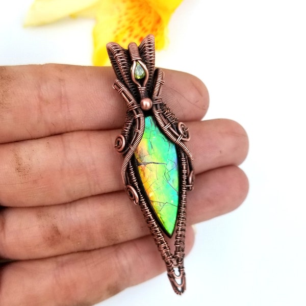 rainbow ammolite pendant wrapped in copper,wire wrapped in copper, handmade, boho, reiki energy, wire wrap, crystal healing, chakras