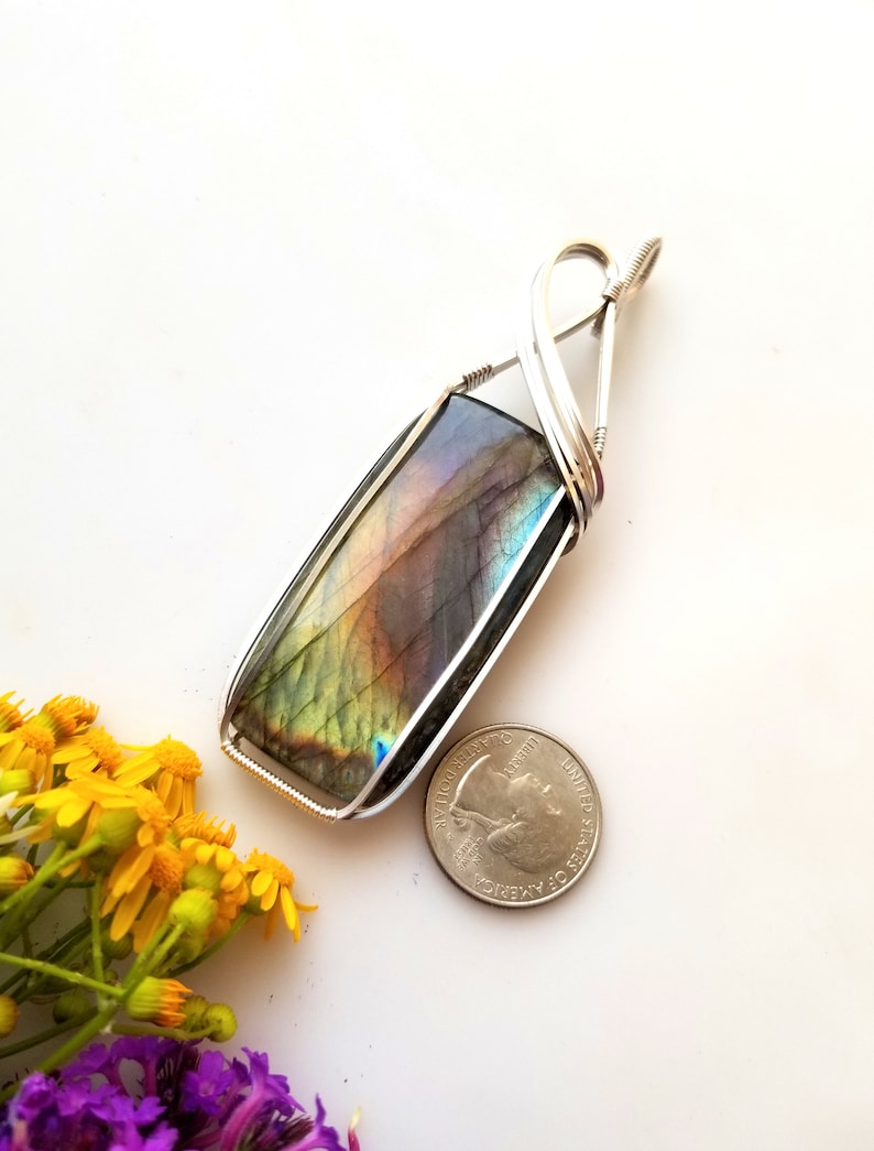 rainbow Labradorite pendant wire wrapped in silver big jewelry wire wrap boho crystals gifts for her chakras metaphysical handmade