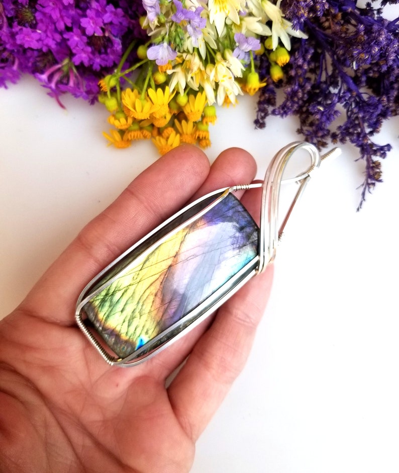 rainbow Labradorite pendant wire wrapped in silver big jewelry wire wrap boho crystals gifts for her chakras metaphysical handmade