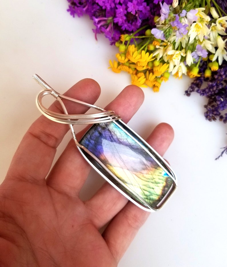 rainbow Labradorite pendant wire wrapped in silver big jewelry wire wrap boho crystals gifts for her chakras metaphysical handmade