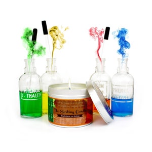 May include: A lit candle in a silver tin with the text "The Sorting Candle: Find where you belong." Colourful smoke emanates from glass bottles filled with liquids. The bottles are labelled "Phenol Phthalein."