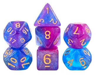 Nachtmagie - Lila, pink und blau glitzer Design 7 polyedrische Würfel Set für DnD, Dungeons and Dragons und Table Top Rollenspiele