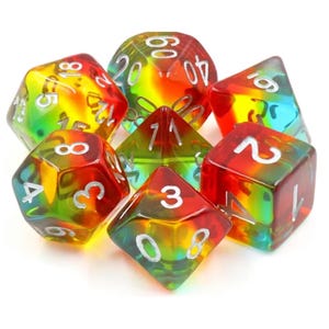 Crépuscule arc-en-ciel - Ensemble de 7 dés polyédriques transparents en forme d&#39;arc-en-ciel pour D&D, Donjons et Dragons et jeux de rôle sur table