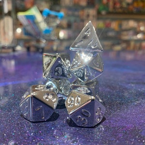 Silver Electroplated shiny metal effect polyhedral dice Set for DnD, Dungeons and Dragons and table top role playing games