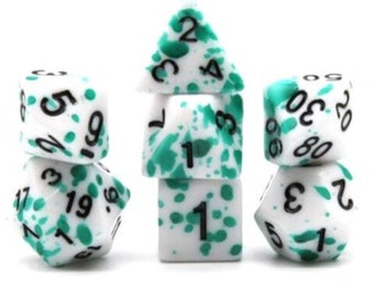 Blood spatter green and white polyhedral dice set - DnD Dungeons & dragons table top role playing dice dungeons and dragons d20 ttrpg