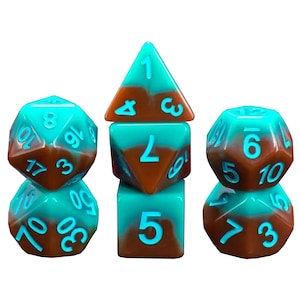 Récif volcanique - Ensemble de 7 dés polyédriques en mélange de turquoise et de brun pour D&D, Donjons et Dragons et jeux de rôle sur table