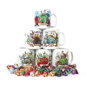 Taza personalizada con dados de clase DnD de Dungeons and Dragons, regalos personalizados de clase D&D, regalo de Dungeon Master, taza con dados D20, regalo de rol RPG, rol crítico